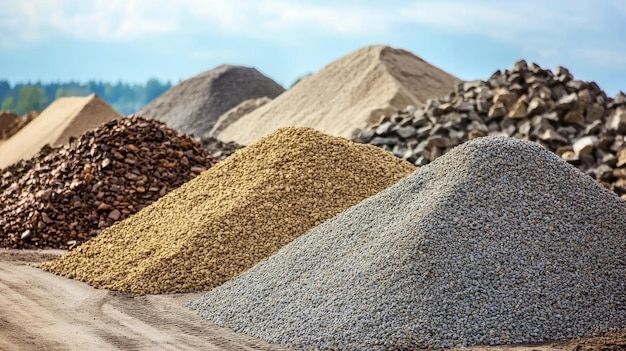 Piles of ballast, sand, aggregate and building stones