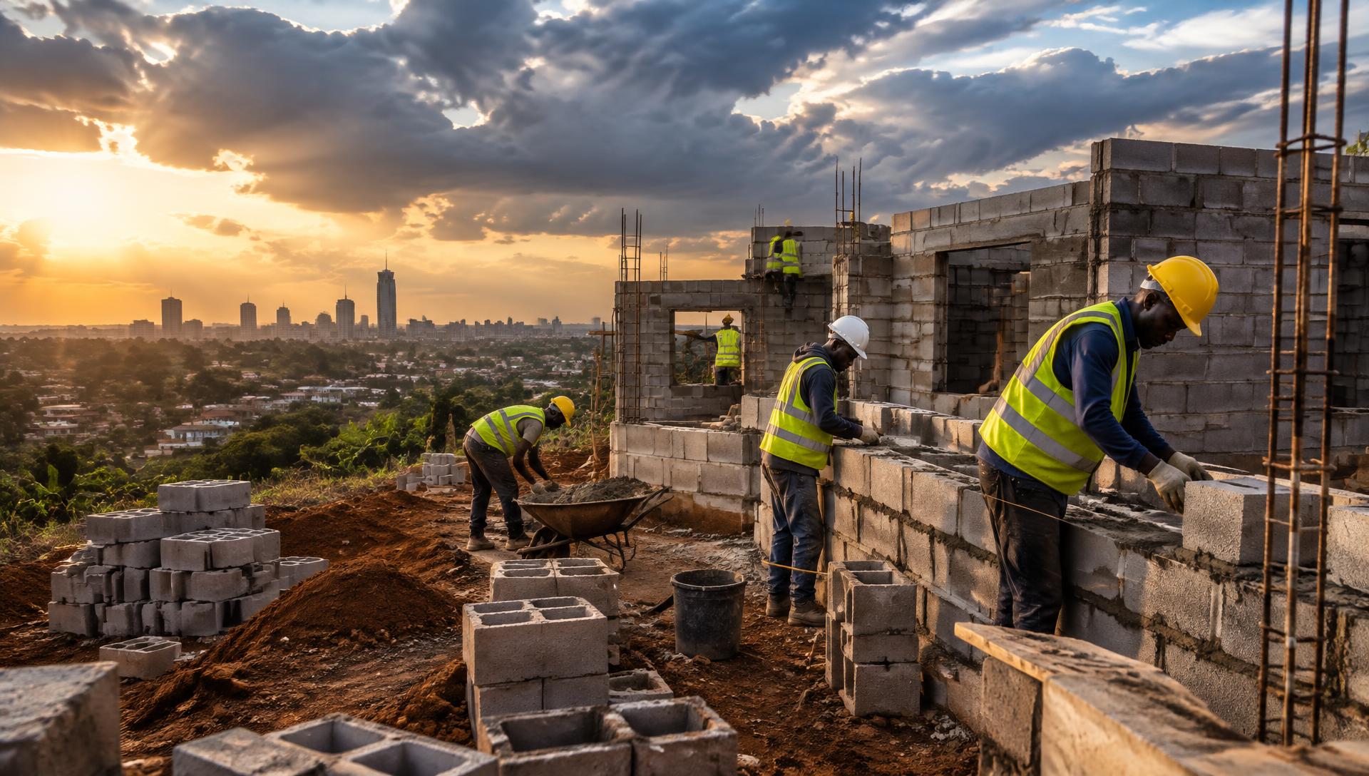 Builders laying blocks on a construction site near Nairobi